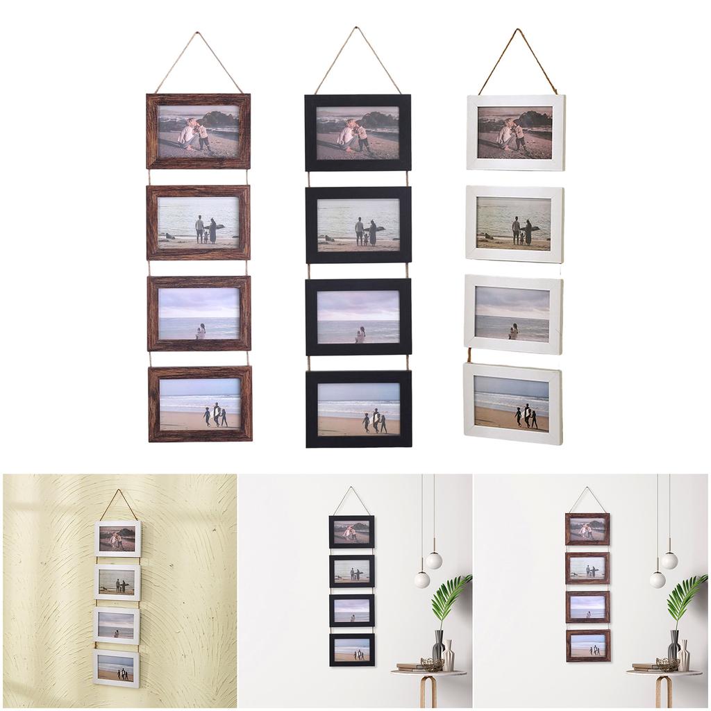 Cornici Portafoto Collage da Appendere Decorazioni Murali, Cornice in Legno Rustico a 4 Aperture con Corda di Canapa Cornici Multi Foto in Legno Regalo