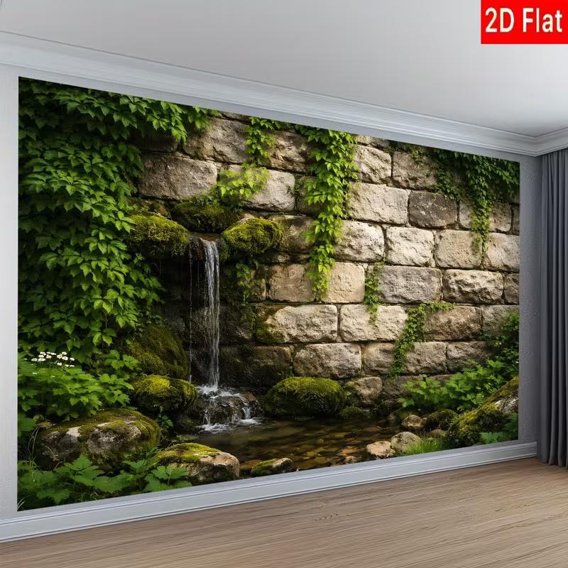 2D Flat Printing Green Ivy & Moss Waterfall Backdrop 90.5x70.8inch Photo Booth Background