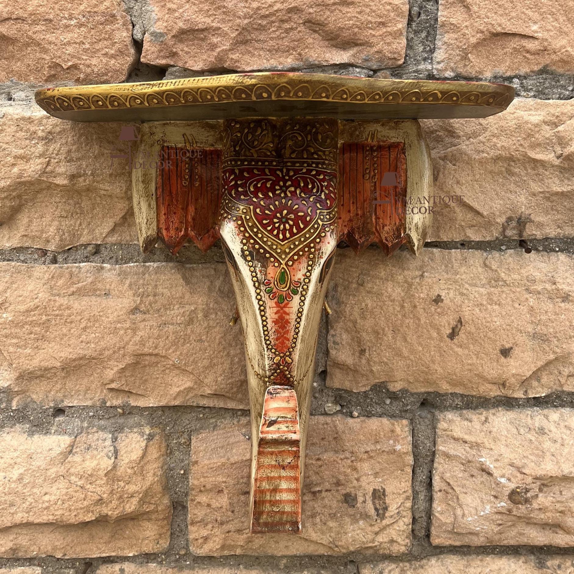 Wood Elephant Wall Shelf Rajasthani Wooden Carved & Painted Wall Bracket Indian Wall Hanging Decor Decorative Elephant Head Wall Art