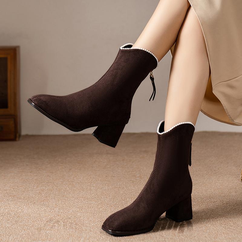 Beaded High Heels Ankle Boots Women Leather Shoes Brand Winter Chunky Fashion Shoes  Trend Classics Pumps Snow Botas Mujer