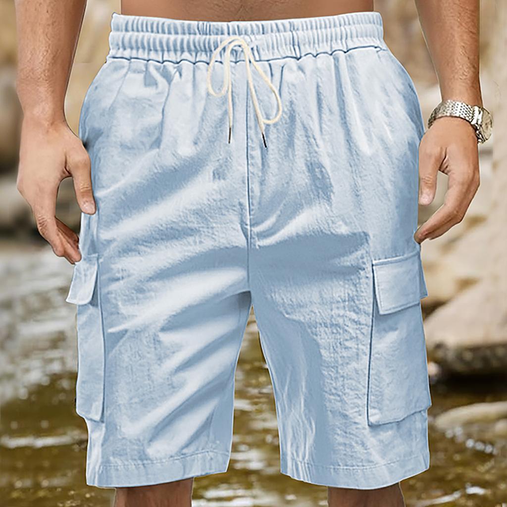 Arbetsbyxor med många fickor, Utomhussporter och Fritidsbyxor, Löst sittande Shorts, Enfärgade Trekvartsbyxor för Herr