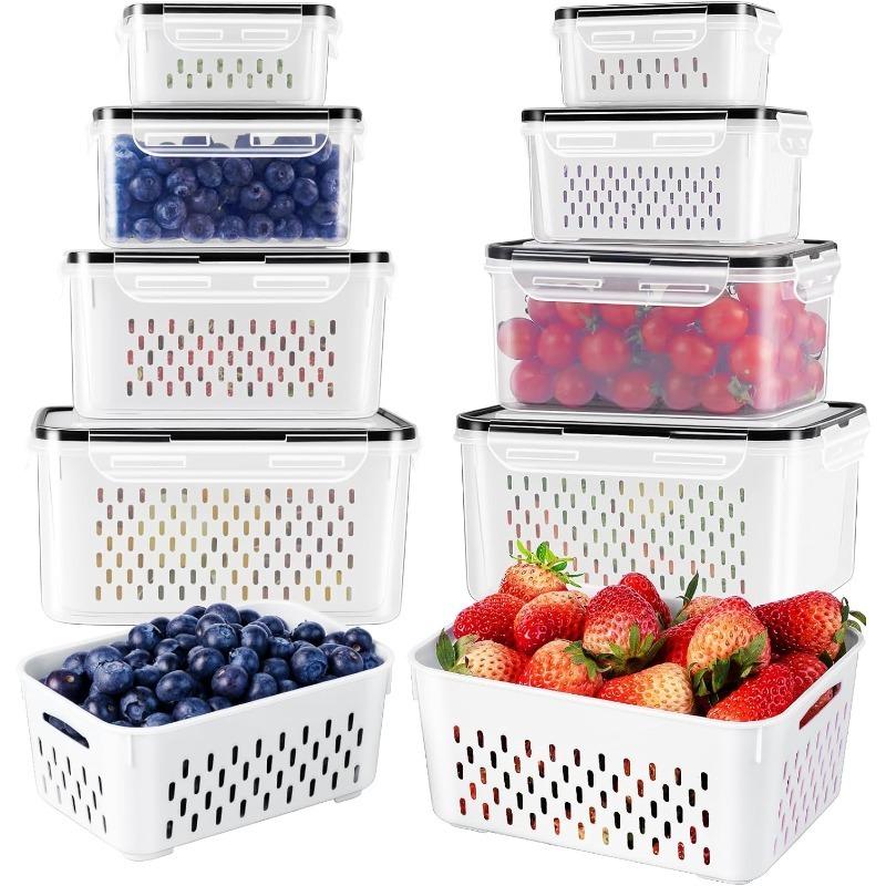 Fridge Food Storage Container Set with Lids with Strainer,Plastic Fresh Produce Saver Vegetable Fruit Meat Storage Organization