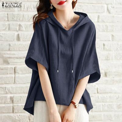 Felpa con cappuccio da donna casual, girocollo, larga, manica a metà, camicetta