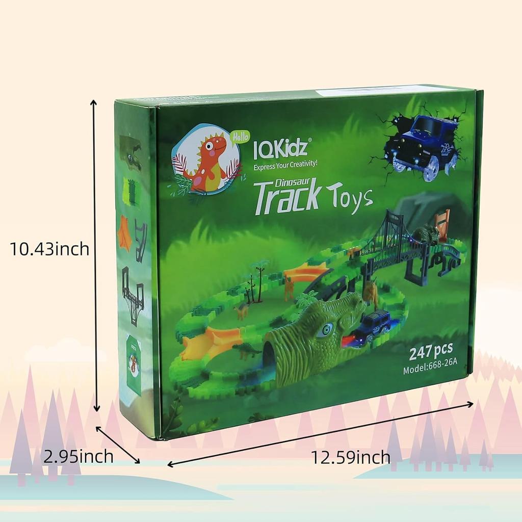 Dinosaur World Race Track Toys - 216pcs Flexible Track Playset with 1 Dinosaur Car, 1 Race Car, 6 Dino Toys, for Kids 3 4 5 6 Year & Up Old (Boys and