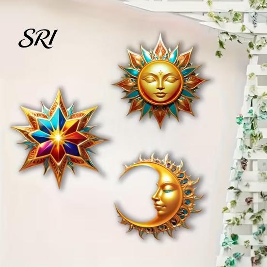 Entrance Wall Decoration 3Pcs Sun Moon Star Decorations Waterproof Bohemian Wooden Exotic Style Courtyard Decor Art Set Outdoor Indoor Hanging
