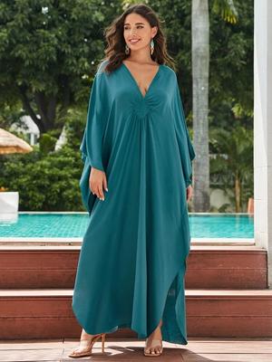 Plus Size Kaftan Blue Black Solid Bohemian Printed Summer Long Beach Dress Women Homewear Outfit Swim Suit Cover Up Loose Caftan