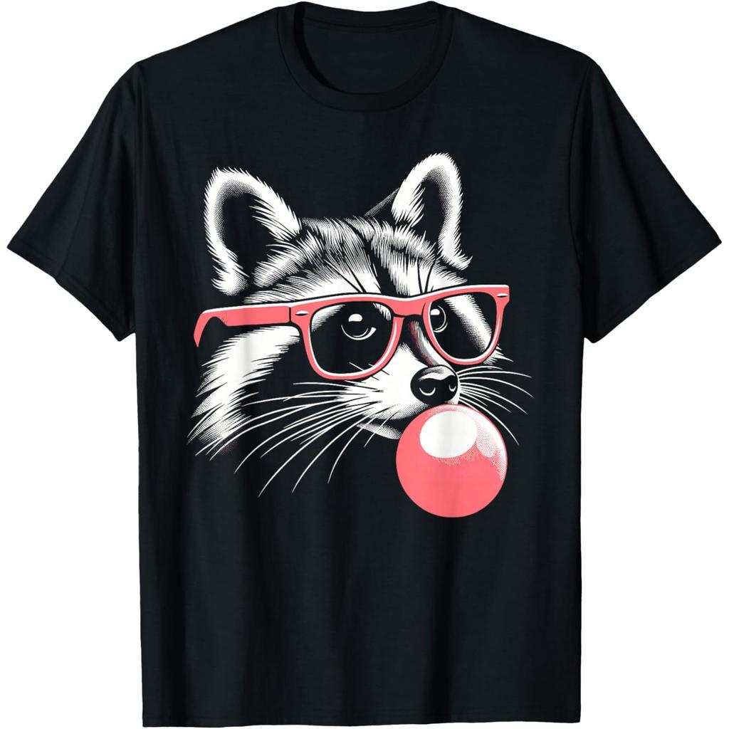 Funny Raccoon Graphic Tee Hipster Animal Wearing Pink Glasses Bubble Gum Short Sleeve T-Shirt