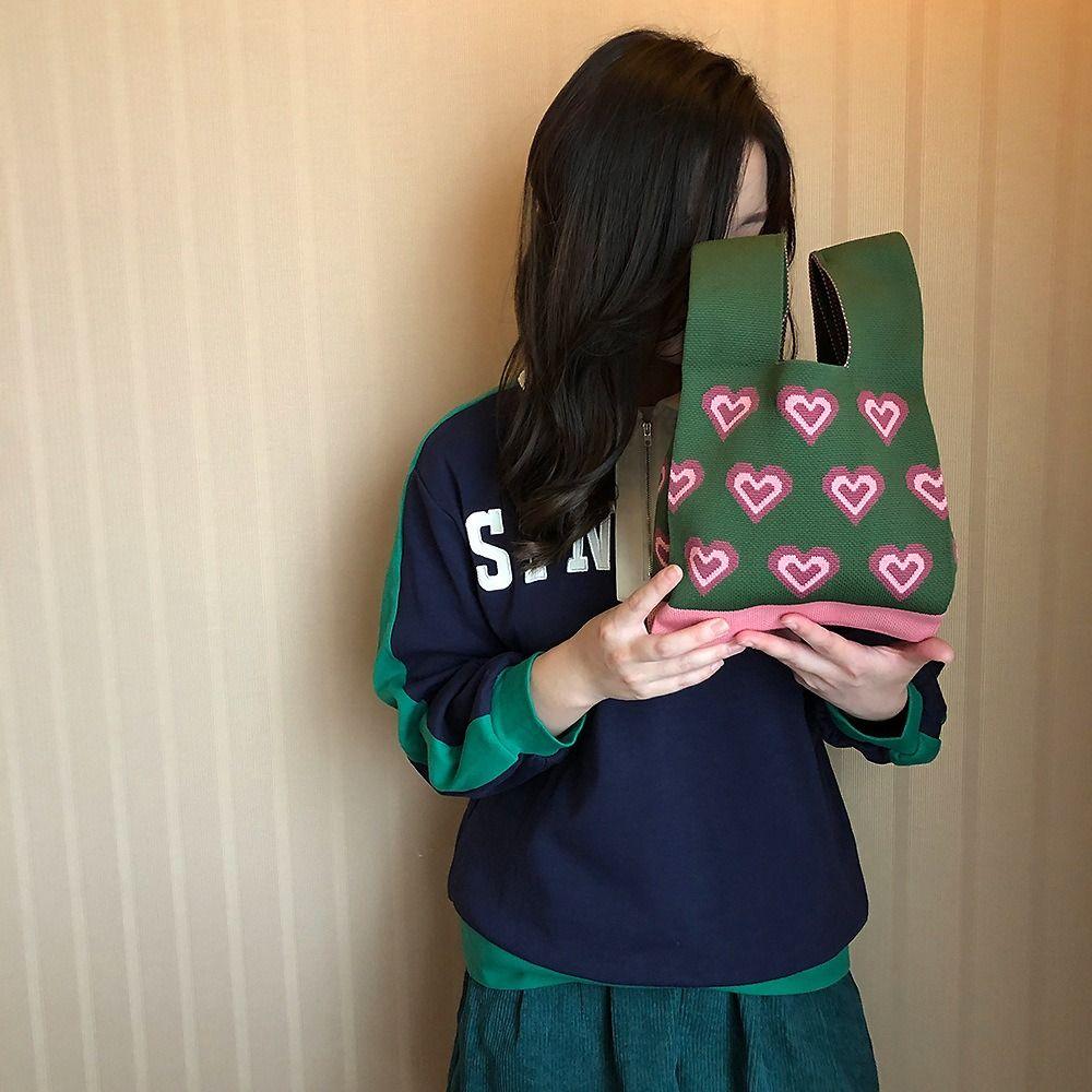 Women Girls Reusable Knit Handbag Heart Flower Wrist Bag Handmade Knot Tote Bag Shopping Bags Outdoor Casual Accessories