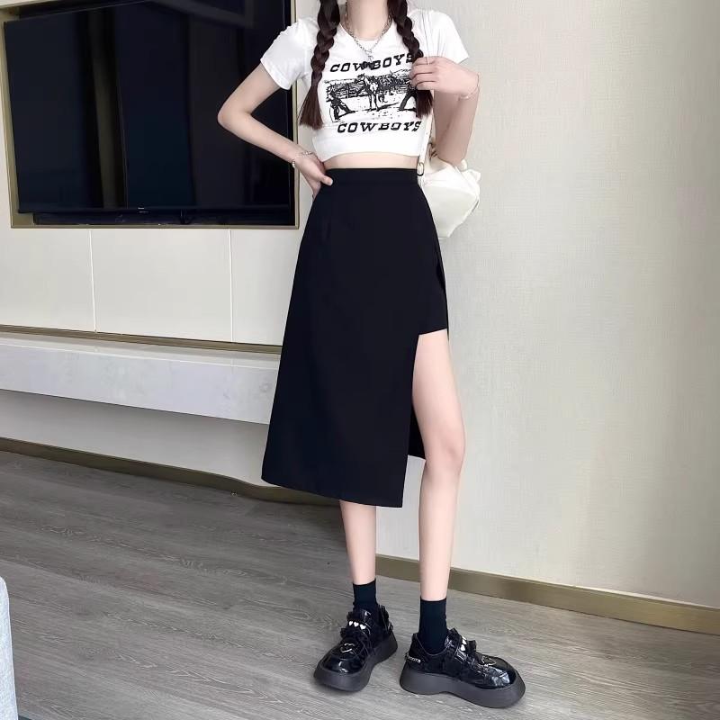 High Waist Hip Skirt Irregular Slit Black Skirt for Women Summer Mid-length A-line Harajuku Vintage Women Clothing