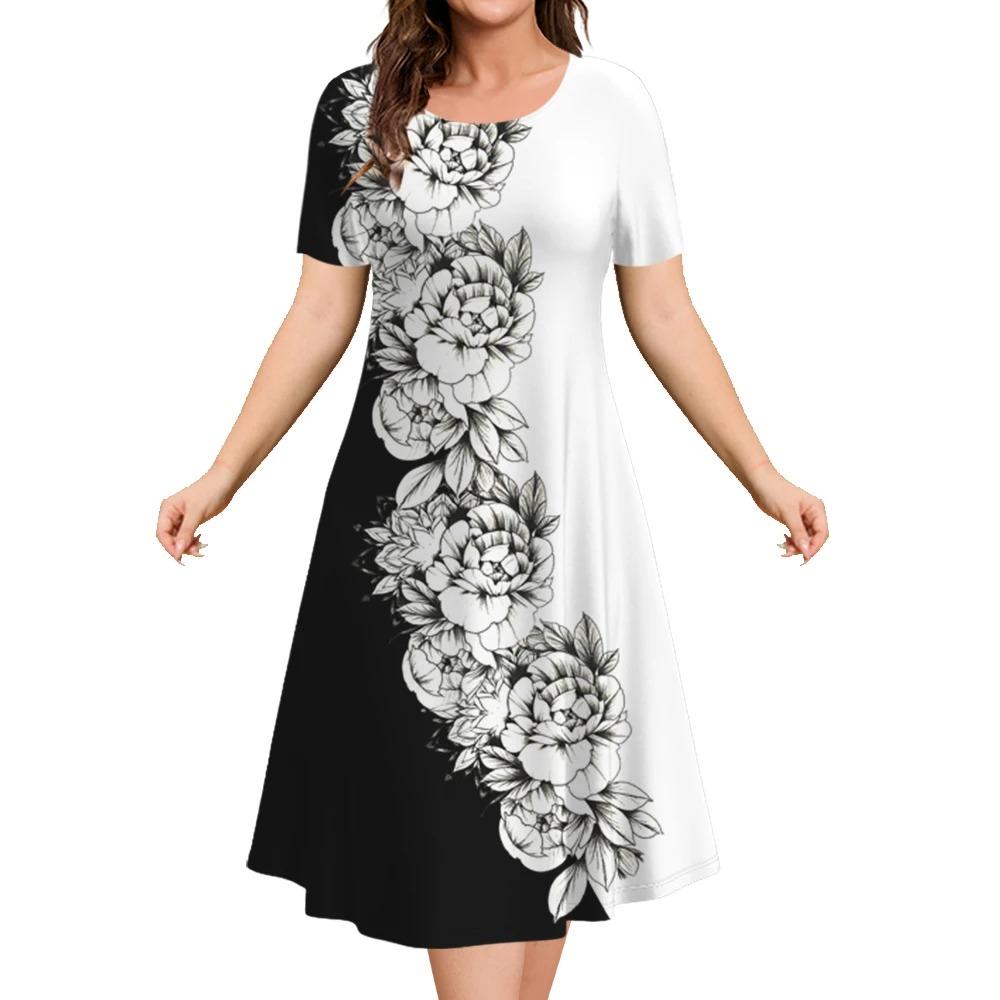 Estampa floral feminina elegante vestido midi, roupas femininas de manga curta extragrande, moda verão, 2024