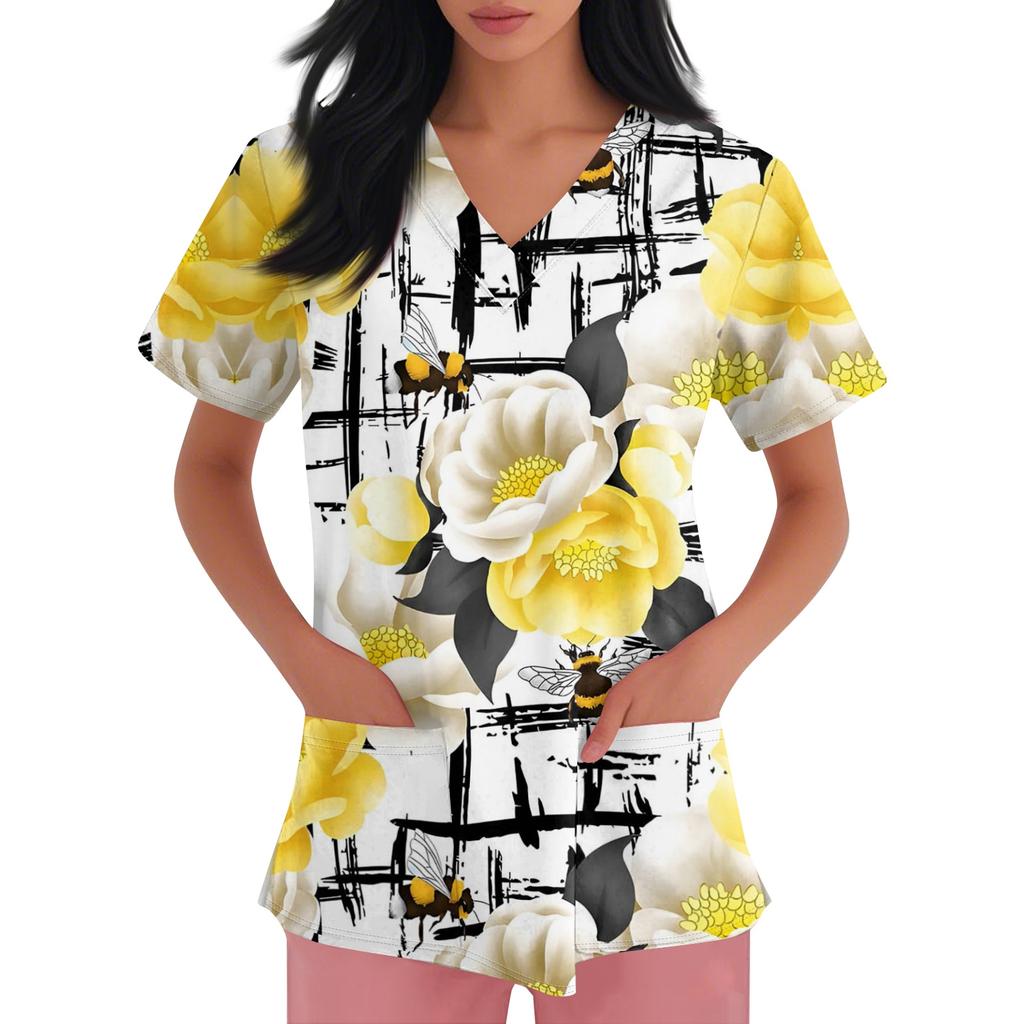 Damen V-Ausschnitt Cartoon-Print Kurzarm Tasche Seitenschlitz Schutzkleidung Oberteil