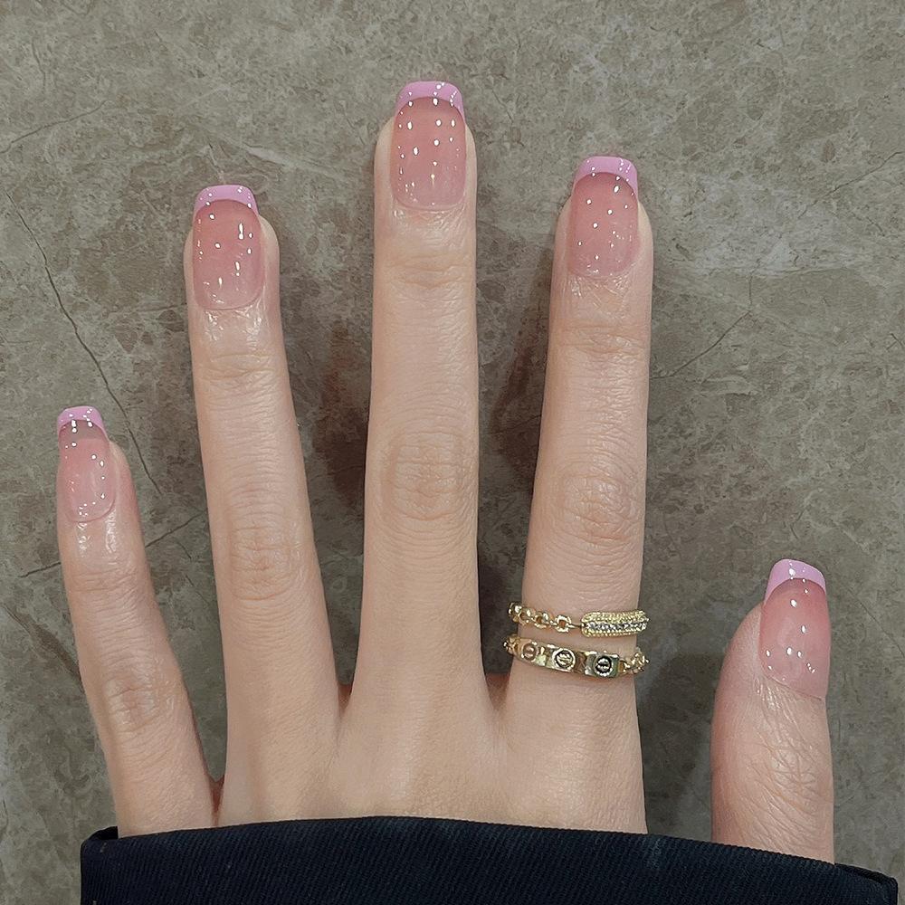 24 Stück Niedliche Girly Kurze Quadratische Falsche Nägel Süße Weiße Französische Nägel Glitzer Stern Strasssteine Nagelkunst Katzenauge Schleife Press-On Nägel