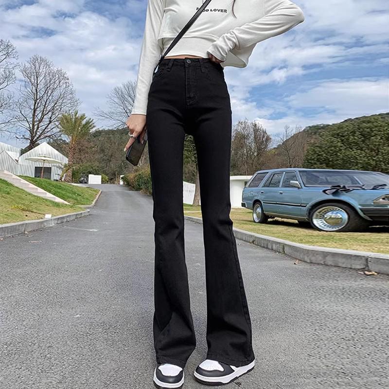 Spring 2025 Women's High-Waisted Black Micro-Flare Jeans - Slimming Stretch Flared Korean-Style Pants