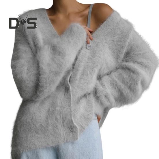 

Женское трикотажное пальто с V-образным вырезом и длинным рукавом, однотонный однобортный свитер, свободный крой, эластичная верхняя одежда S светло-серый