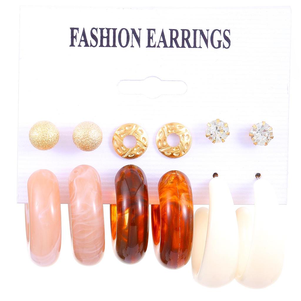 European & American Pattern Print Earrings: Colorful Resin Hoop & Stud Set - 6-Piece Pack