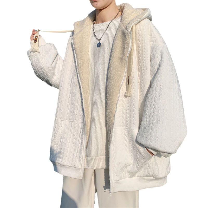 Men's Trendy Lambswool Jacquard Winter Coat - Warm Hooded Plush Cotton Jacket for Teens