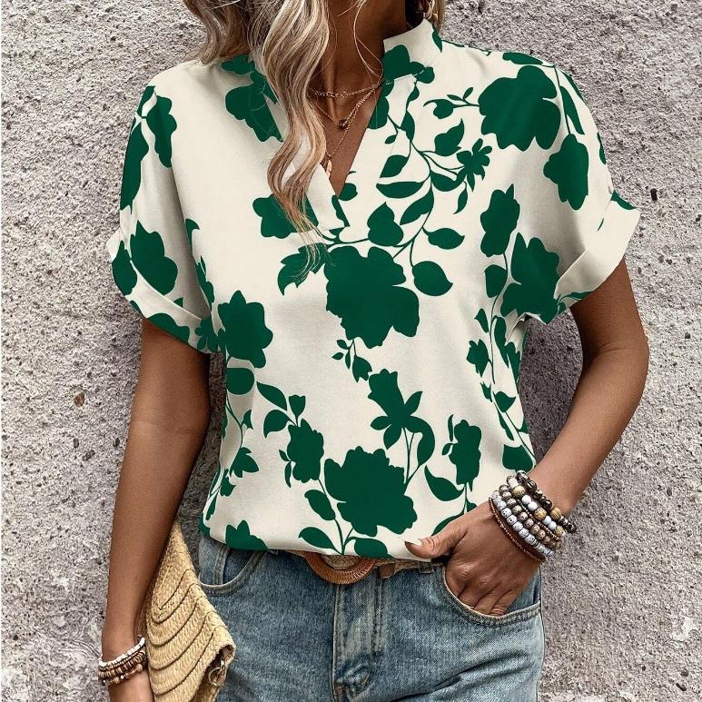 

QICED Летняя повседневная свободная рубашка с большим цветочным принтом и V-образным вырезом, рукавом «летучая мышь», топ с коротким рукавом для женщин, футболки для женщин XXL зелёный