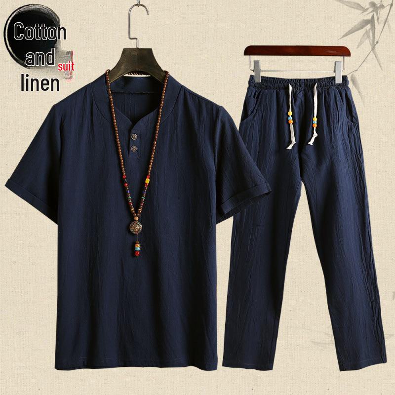 

Мужская хлопчатобумажно-льняная футболка с V-образным вырезом в китайском стиле и свободные брюки Nine Point, летний комплект из двух предметов 5XL (recommended for 190-220 lbs) темно-синий