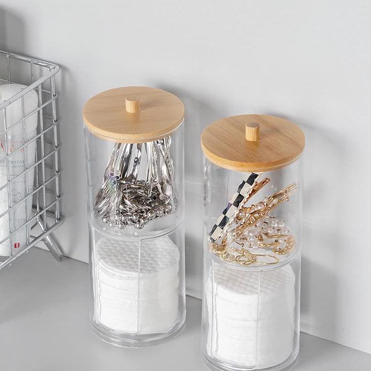 Dual Cotton Swab & Makeup Remover Storage Jar with Bamboo Lid - Transparent and Dustproof