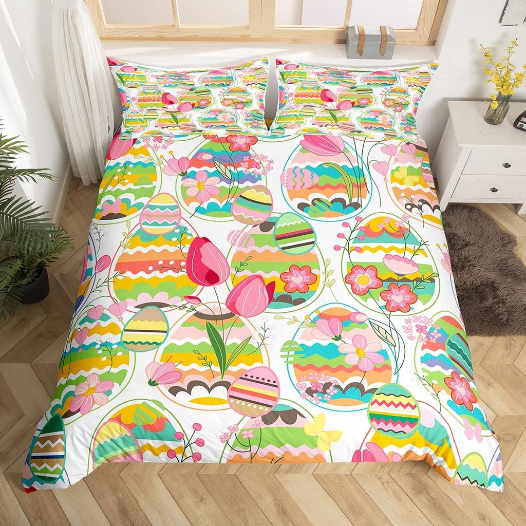 Watercolor Easter Eggs King Queen Bedding Set Happy Easter Themed Duvet Cover Toddlers Rainbow Easter Egg Polyester Quilt Cover