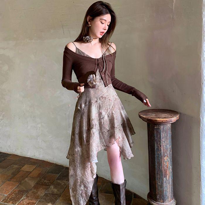 2026 Summer Retro Butterfly Print Dress & Waist-Cinched Cardigan Set S