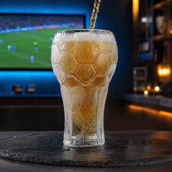 Soccer Beer Glass, 600ml Football Embossed Pint Cup, Heavy Duty Clear Glass Mug for Craft Beer, Home Bar Sports Fan Gift