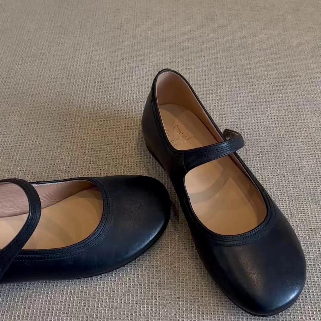 Cowhide Version~ Summer Flat-soled Single Shoes, Evening Breeze Gentle Matching Skirt, Black Small Leather Shoes, French Mary Jane Shoes for Women