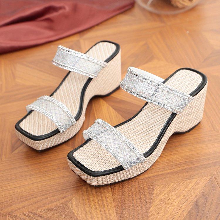 Spring Gemstone Elegant Open-Toe Wedge Sandals with Free Shipping 43 серебряный