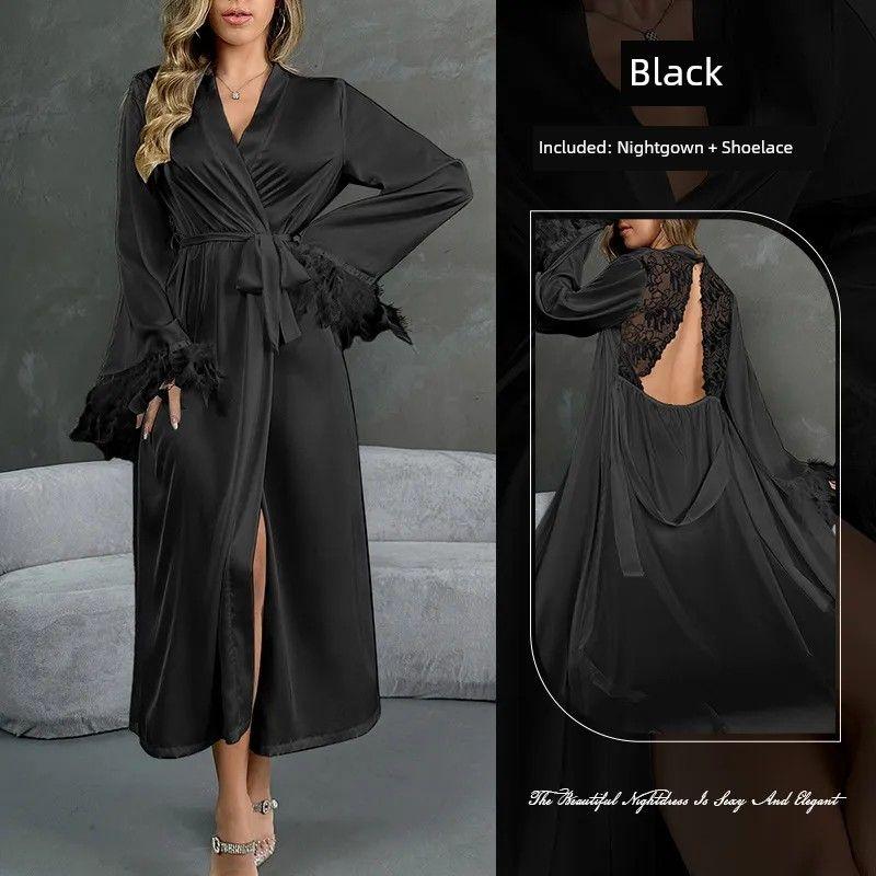 

2025 New Arrival Fashion Wind Sexy Silky Satin Nightgown-V-neck Open Back Furry Patchwork Bathrobe/Outerwear Gown Home Black L