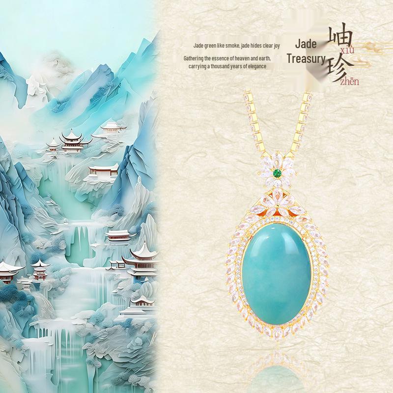 Elegant Turquoise and Gold Inlaid Pendant - Women s Clavicle Chain with Pigeon Egg Design Electroplated Gold