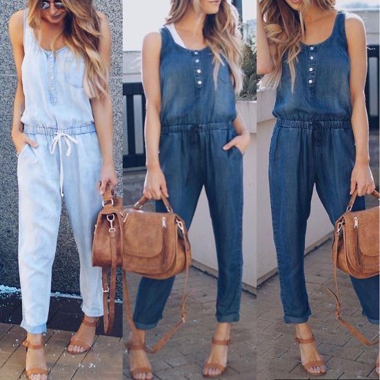 

Літній жіночий модний джинсовий комбінезон без рукавів, джинсовий комбінезон, довгі штани, ромпер M темно-синього кольору