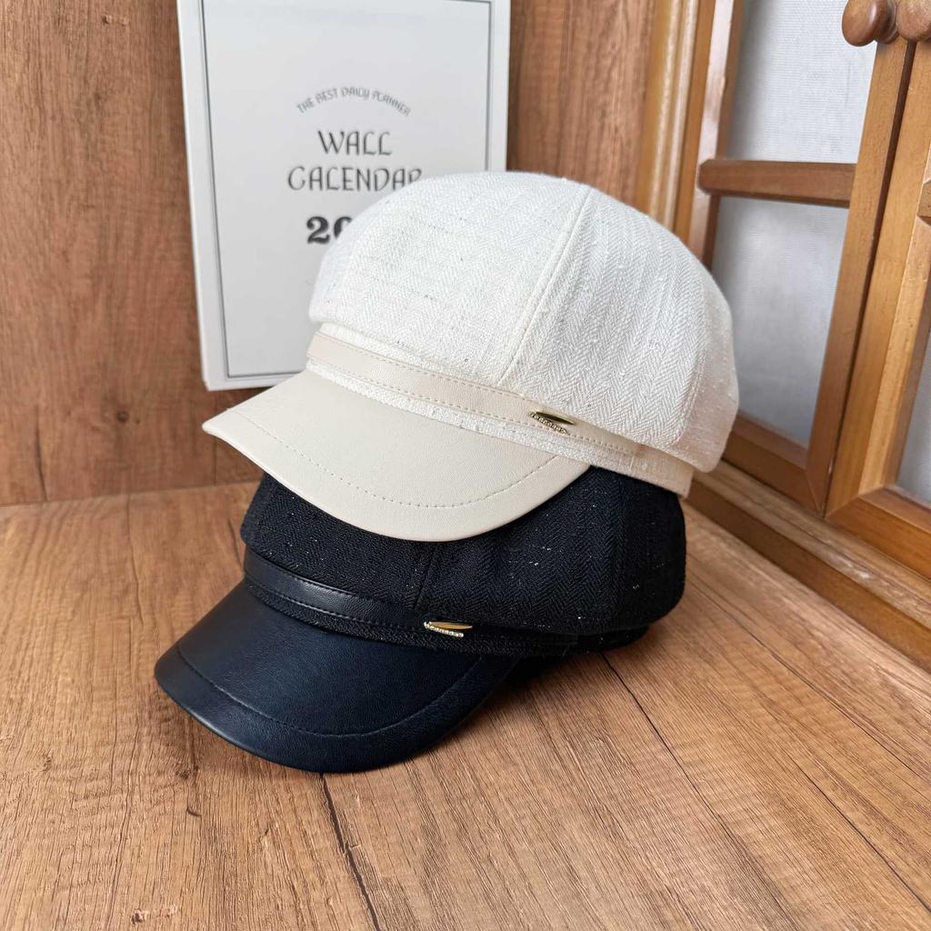 American New Octagonal Hat Women's Autumn Shopping Warm Hat Leather Brim Painter Hat Showing Face Small Cap Trendy Beret