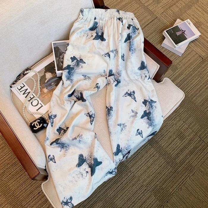 Ink Chinese style butterfly wide-leg summer pants women s thin high-waisted casual sunscreen tie-dye loose ice silk pants S белый