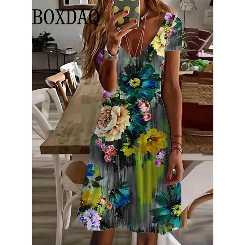 Women's Casual Dress Summer Plant Floral Print V Neck Midi Dress Vintage Daily Short Sleeve Loose Plus Size Dresses 6XL Sundress