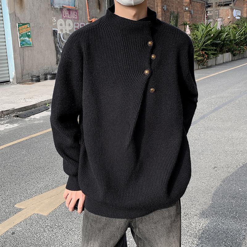 Men s Sophisticated Half-High Neck Button-Up Heavyweight Winter Sweater L