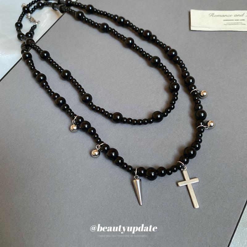 Meier Y2k glass beaded cross pendant necklace - dark aesthetic, unique design, choker style