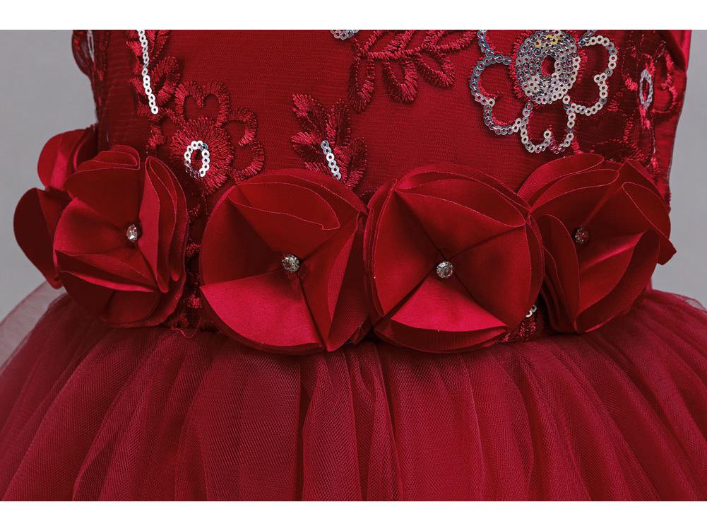 Girls' Red Embroidered Long Evening Dress - Christmas Princess & Performance Outfit
