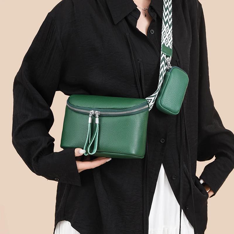 Two In One Women Vintage Underarm Bags  Cowhide Leather Shoulder Bag Multipocket Adjustable Strap Female Commute Daily Bags