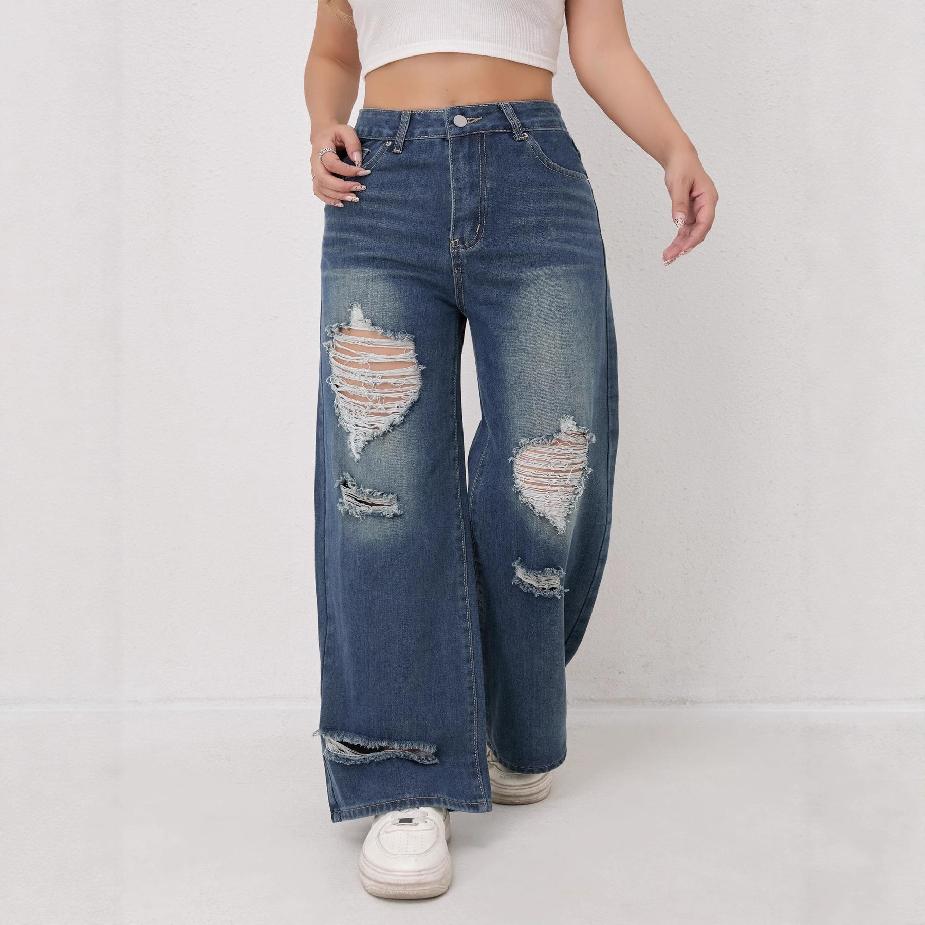 High Waist Ripped Baggy Jeans for Women, Vintage Loose Fit Wide Leg Straight Denim Pants with Retro Distressed Design XS
