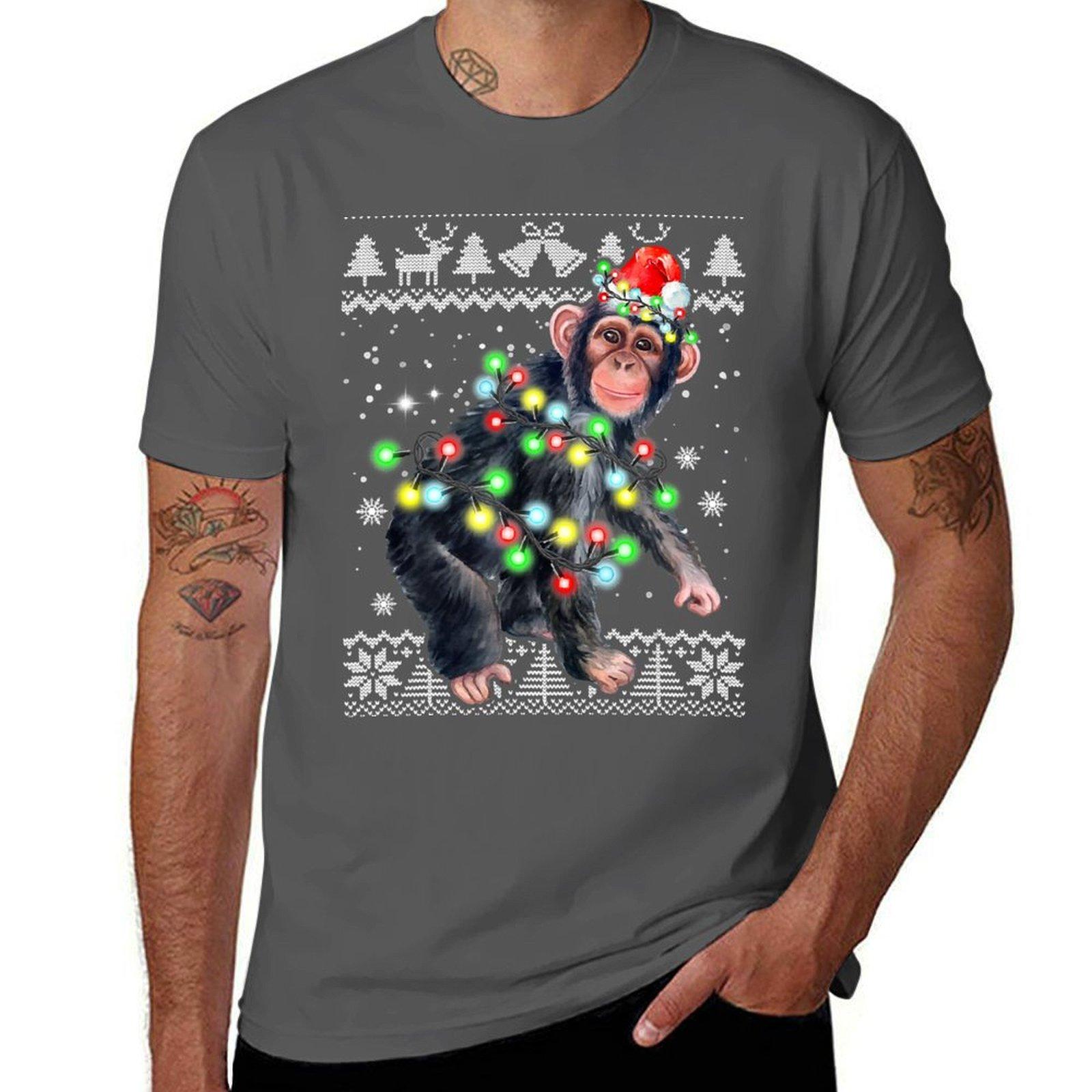 Chimpanzee Monkey Ugly Christmas Pajama Xmas Monkey Gifts T-Shirt heavyweights men clothings 4XL