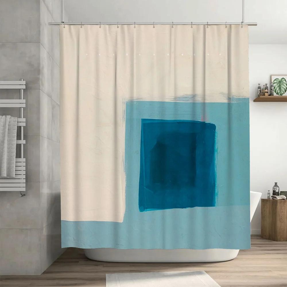 Blue and White Artistic Shower Curtain Set Watercolor Square Design for Bathroom Decor Waterproof Fabric with Hook Rin