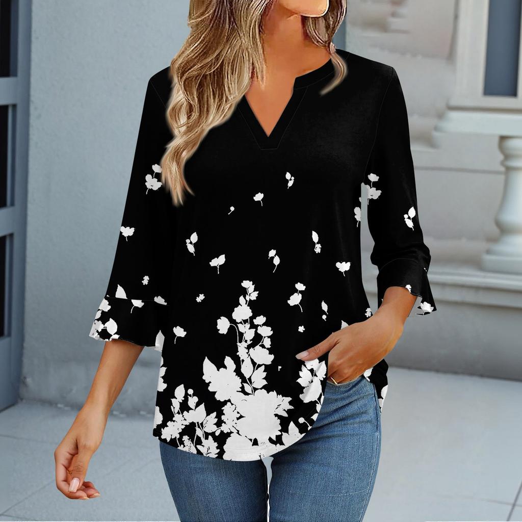 Tops met 3/4 mouw voor dames T-shirt Casual Uitlopende mouwen Print Tuniek V-hals Pullover Blouse