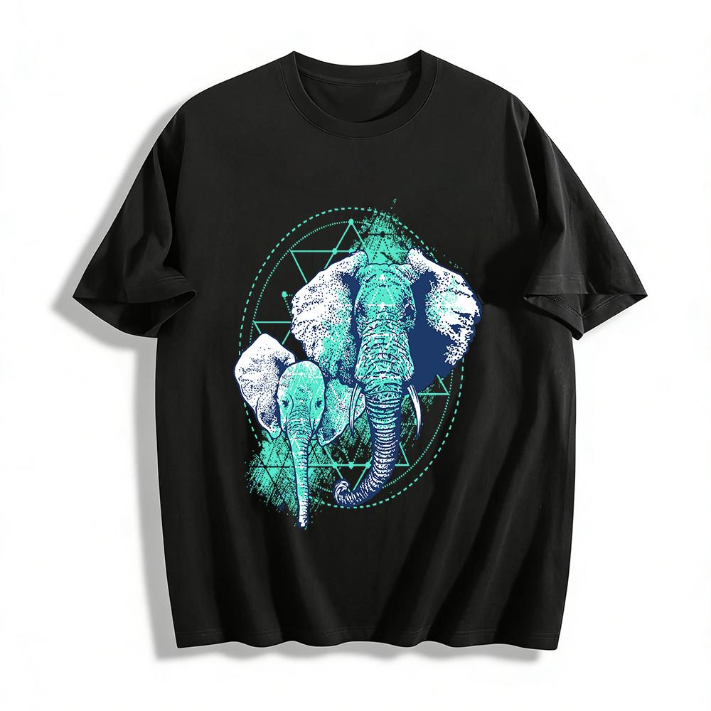Vintage Parent-Child Elephant Geometric Print Casual T-Shirt Unisex Pure cotton T-shirt XXS