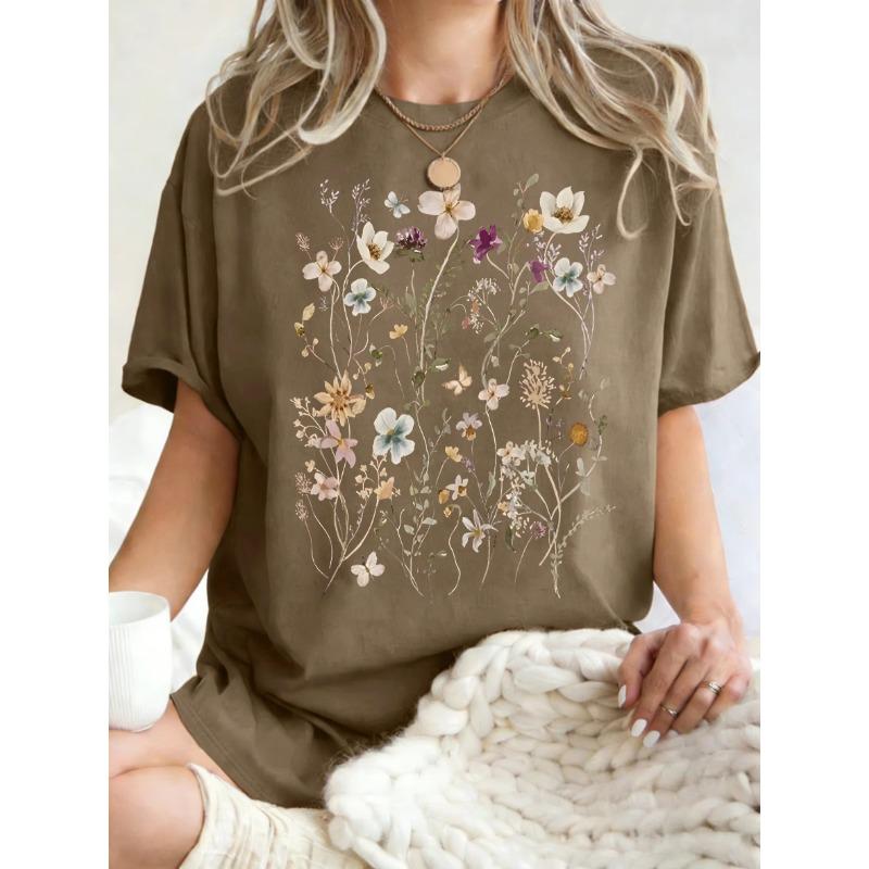 T-shirt da Donna con Stampa di Bellissimi Grappoli di Fiori Estate Oversize Manica Corta Girocollo Magliette in Cotone Y2K Top Sportivi Donna