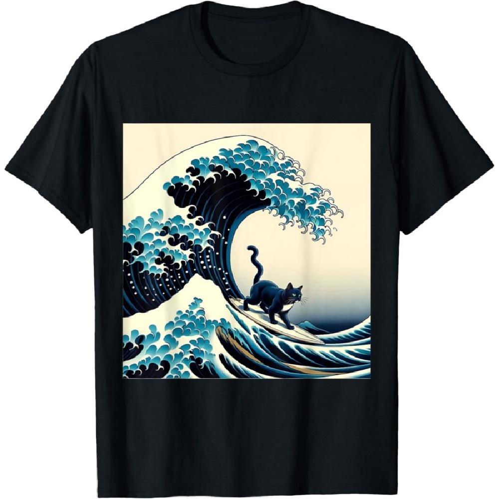 

Black Cat With Surf Surfing The Great Wave Men Women Kids T-Shirt S