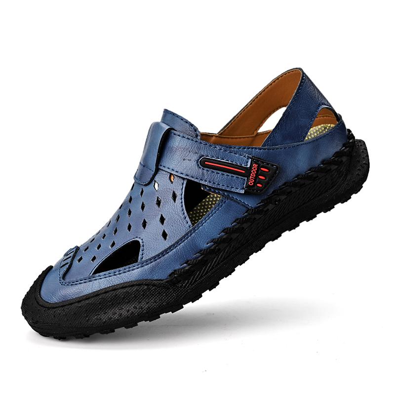 Herren-Sandalen aus echtem Leder, handgenäht, atmungsaktiv, lässig, weich