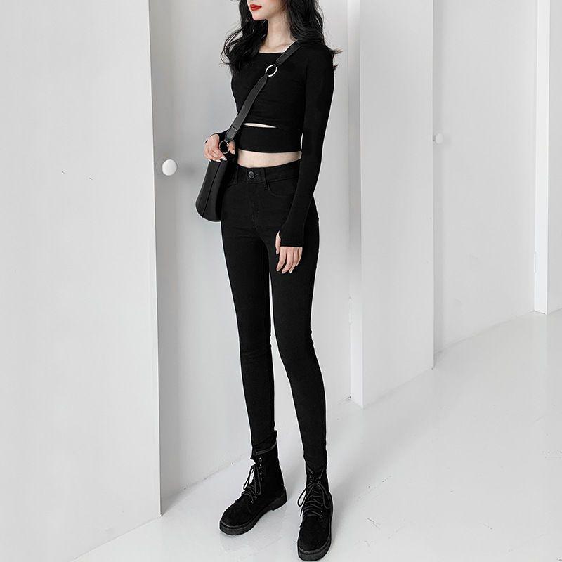 

High-Waisted Frayed Denim Pants for Petite Women - Elastic, Tight Fit, Cropped Design for a Taller Look 26 чорний