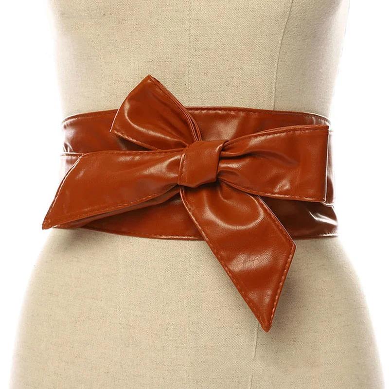 Solid Color Leather Cummerbunds for Women Wide Waist Belt Bow Self Tie Wrap Brand Ladies Fashion Strap Wide Waist Belts Gifts