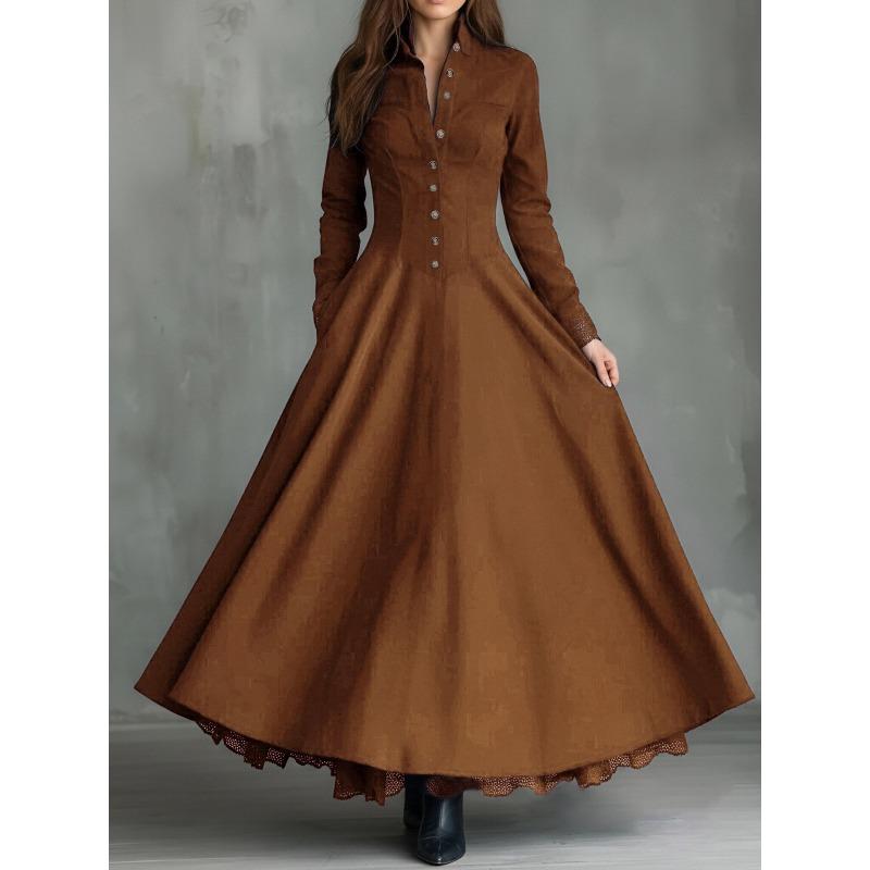 Women's Vintage Faux Suede Lace Trim Button‑Down Long Sleeve Maxi Dress With Pockets