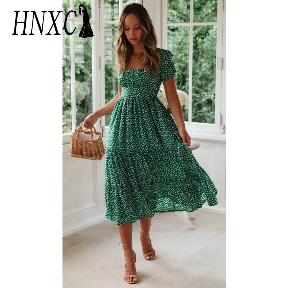 HNXC Summer Love Polka Dot Dress Women Casual A-Line Short Sleeve Square Collar Ruffle Midi Dress Chiffon Red Black Blue Green